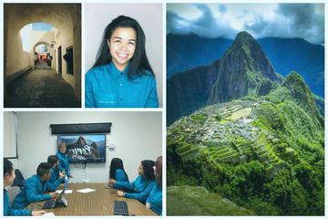 collage with two photos of Peru, photo of a woman, and photo of a class