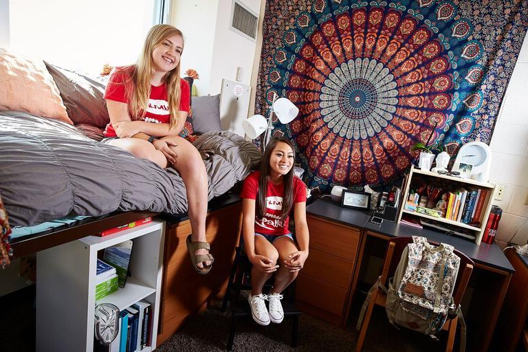 Two students sit in a their dorm room