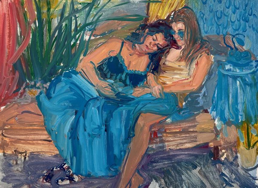 这幅画中，两个女人坐在一张椅子上，靠在一起寻求情感上的支持，帘子上挂着泪珠. 笔触迅捷而富有表现力，仿佛画家从生活中勾画出了场景.